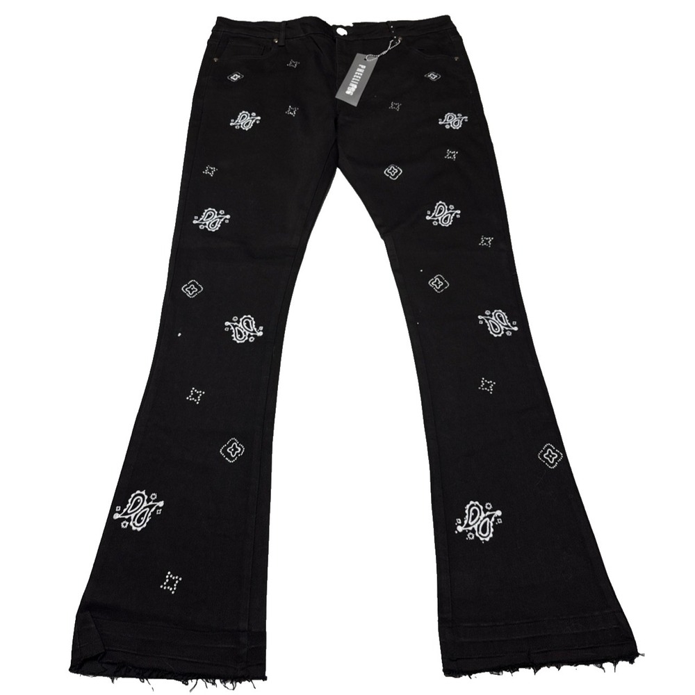 Pheelings Star Crossed Stacked Denim Jeans Flare Mens Size 40 Black Sequins